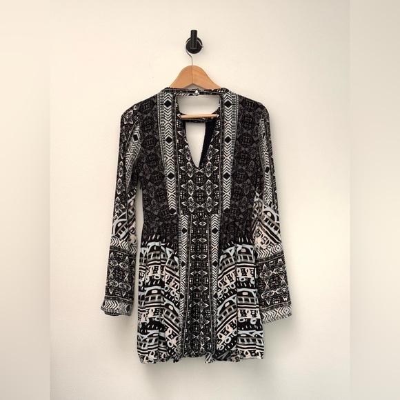 Free People Tegan Border Printed Mini Dress Pockets Black White Combo Boho - Picture 8 of 16